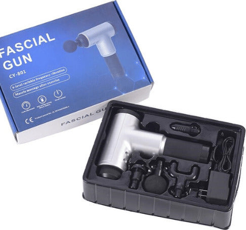 Aparat de Masaj Profesional Fascial Gun cu Vibromasaj, 4 Capete, 6 Viteze, Gri/Negru
