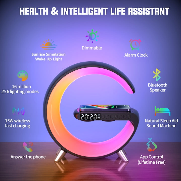 Încărcător Wireless Rapid 15W cu Lampă LED RGB, Difuzor Bluetooth, Ceas Digital și Alarmă
