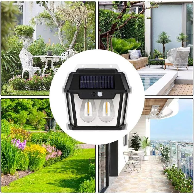 Lampă Solară de Perete cu 2 Becuri LED și Senzor de Mișcare, pentru Exterior, Negru