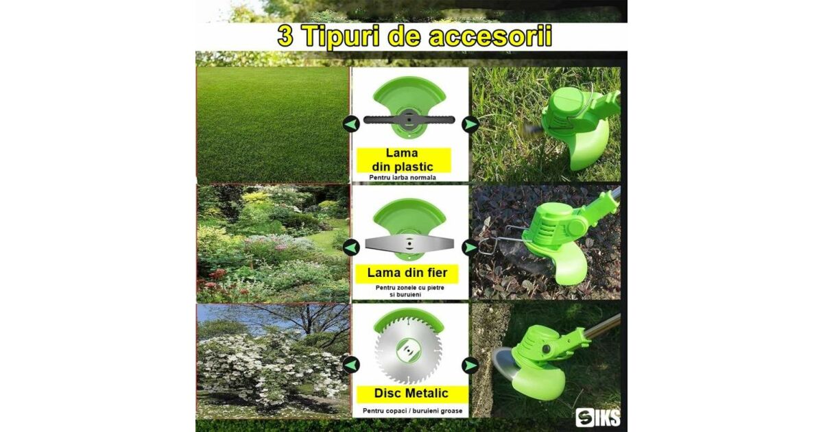 Motocoasă Electrică cu 2 Acumulatori 48V, 3 Tipuri de Lame și Disc, Verde