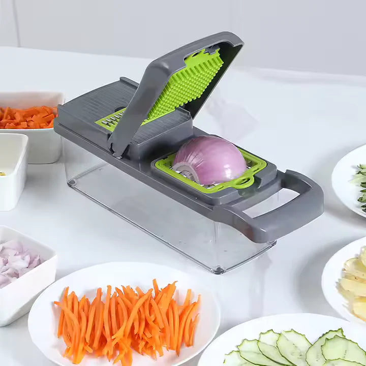Set Tocător Legume 16 în 1 cu Recipient și Lame Interschimbabile, Verde/Gri