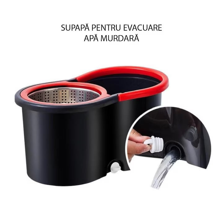 Set Mop Rotativ cu Găleată și Sistem de Stoarcere 360°, Mâner Reglabil din Oțel Inoxidabil, 8 L, Roșu/Negru