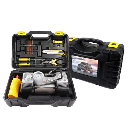 Kit Pană Auto cu Compresor 12V, 2 Cilindri, 150 PSI, Accesorii Reparație și Cutie de Transport