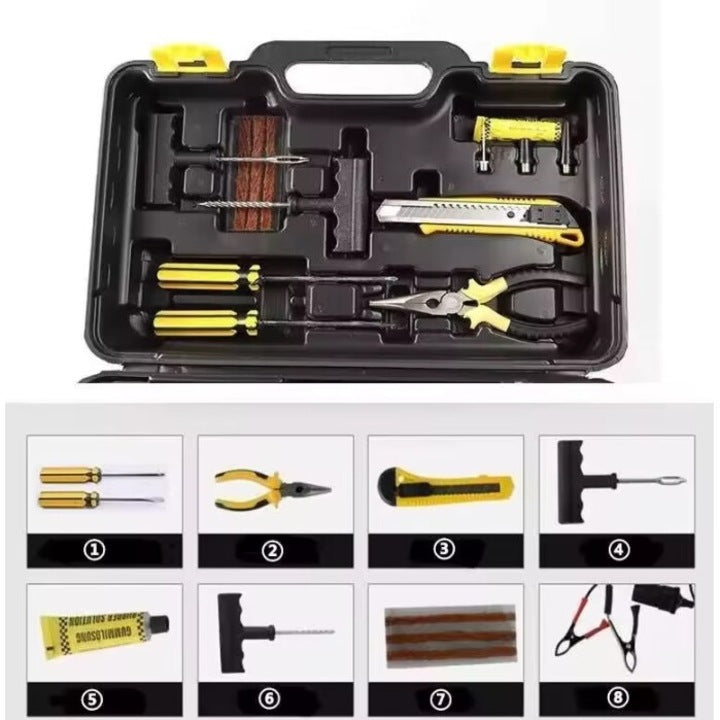 Kit Pană Auto cu Compresor 12V, 2 Cilindri, 150 PSI, Accesorii Reparație și Cutie de Transport