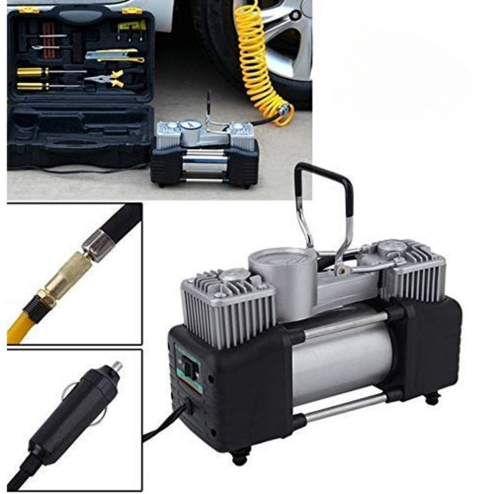 Kit Pană Auto cu Compresor 12V, 2 Cilindri, 150 PSI, Accesorii Reparație și Cutie de Transport