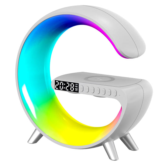 Încărcător Wireless Rapid 15W cu Lampă LED RGB, Difuzor Bluetooth, Ceas Digital și Alarmă