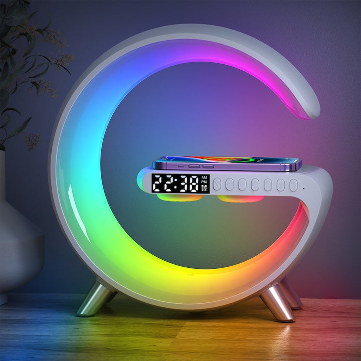 Încărcător Wireless Rapid 15W cu Lampă LED RGB, Difuzor Bluetooth, Ceas Digital și Alarmă
