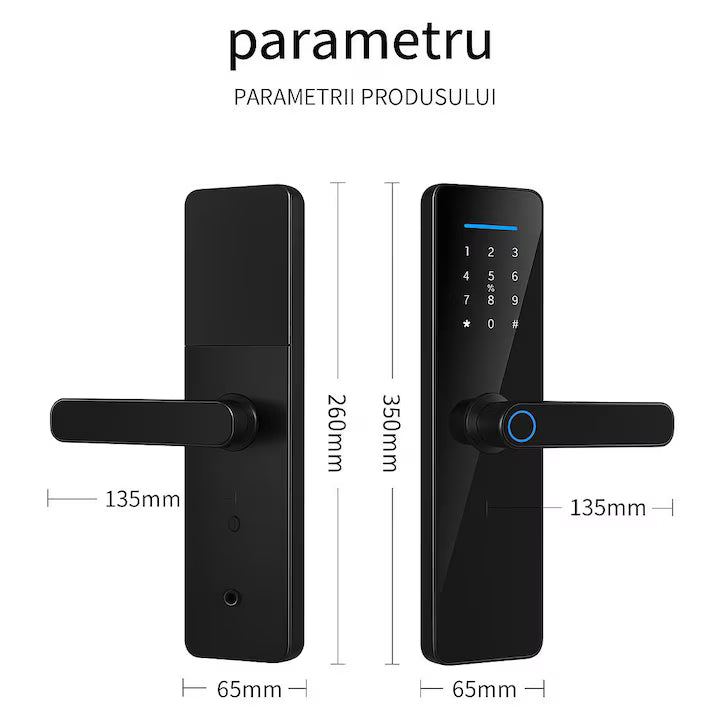 Încuietoare Inteligentă pentru Ușă cu Amprentă, Parolă și Control prin Aplicație WiFi, Negru