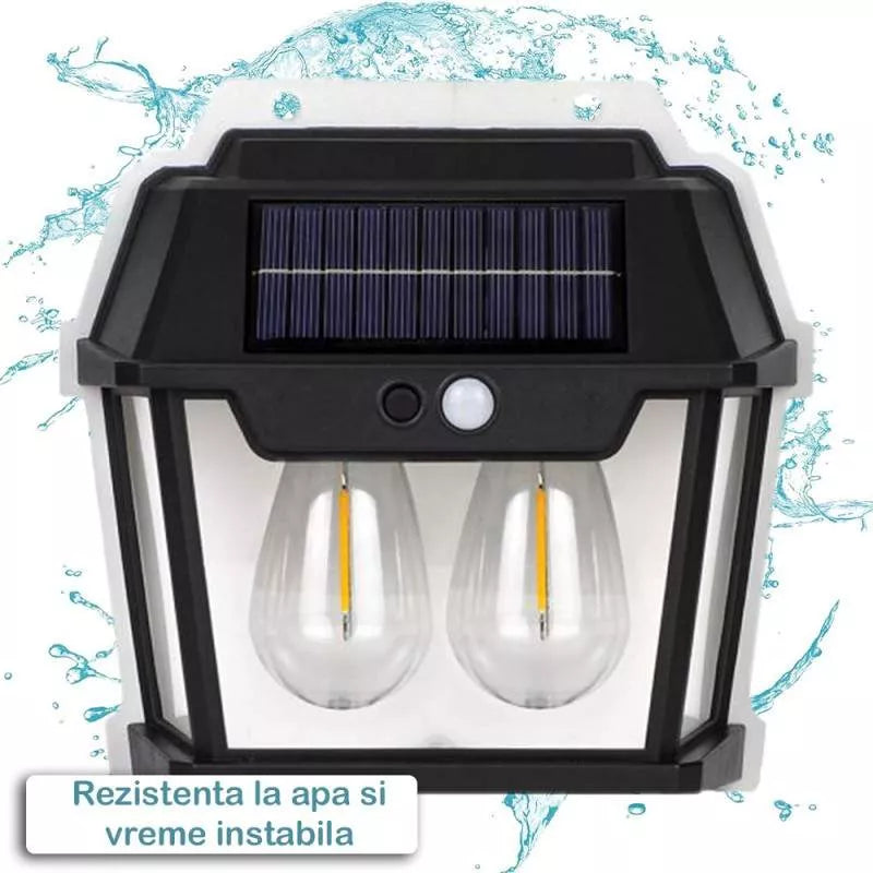 Lampă Solară de Perete cu 2 Becuri LED și Senzor de Mișcare, pentru Exterior, Negru