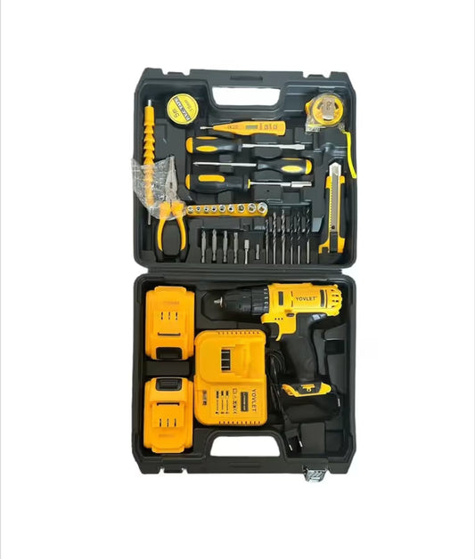 Mașină de Găurit și Înșurubat cu 2 Acumulatori 48V, 30 Accesorii și Valiză de Transport, Galben/Negru