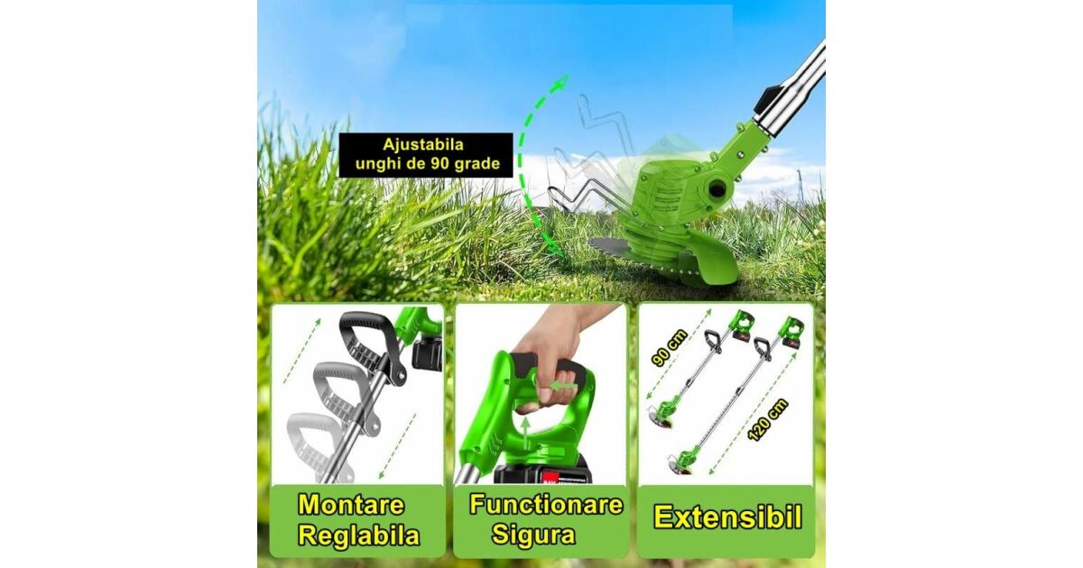 Motocoasă Electrică cu 2 Acumulatori 48V, 3 Tipuri de Lame și Disc, Verde