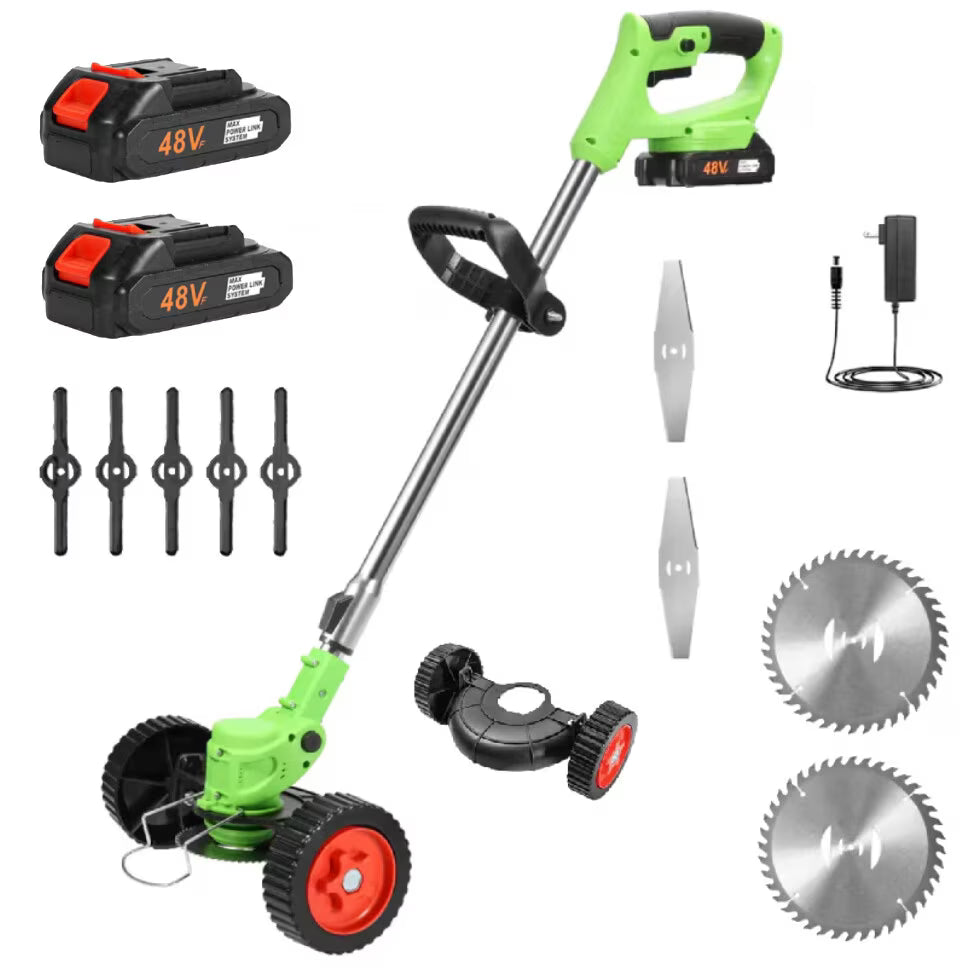 Motocoasă Electrică cu Roți, 2 Acumulatori 48V și Set Accesorii, Verde