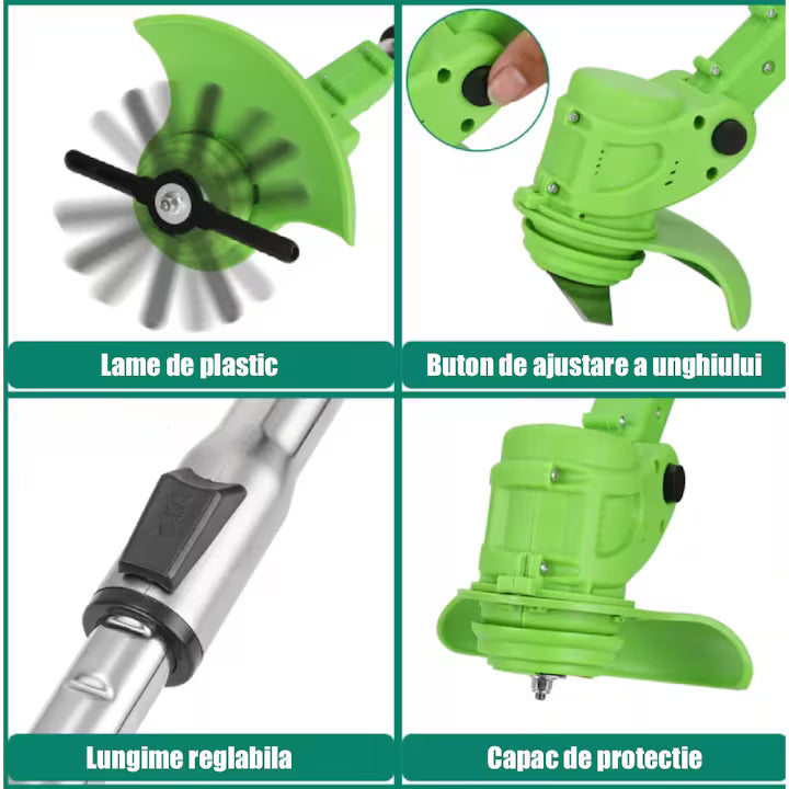 Motocoasă Electrică cu Roți, 2 Acumulatori 48V și Set Accesorii, Verde