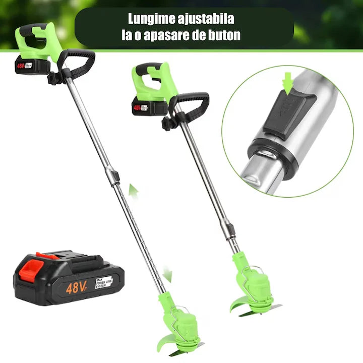 Motocoasă Electrică cu Roți, 2 Acumulatori 48V și Set Accesorii, Verde