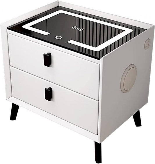 Noptieră Inteligentă Multifuncțională, 2 Sertare, LED Tactil 3 Culori, Încărcare Wireless, USB, Difuzor Bluetooth, Sticlă Securizată, 50 x 40 x 45 cm, Gri Deschis
