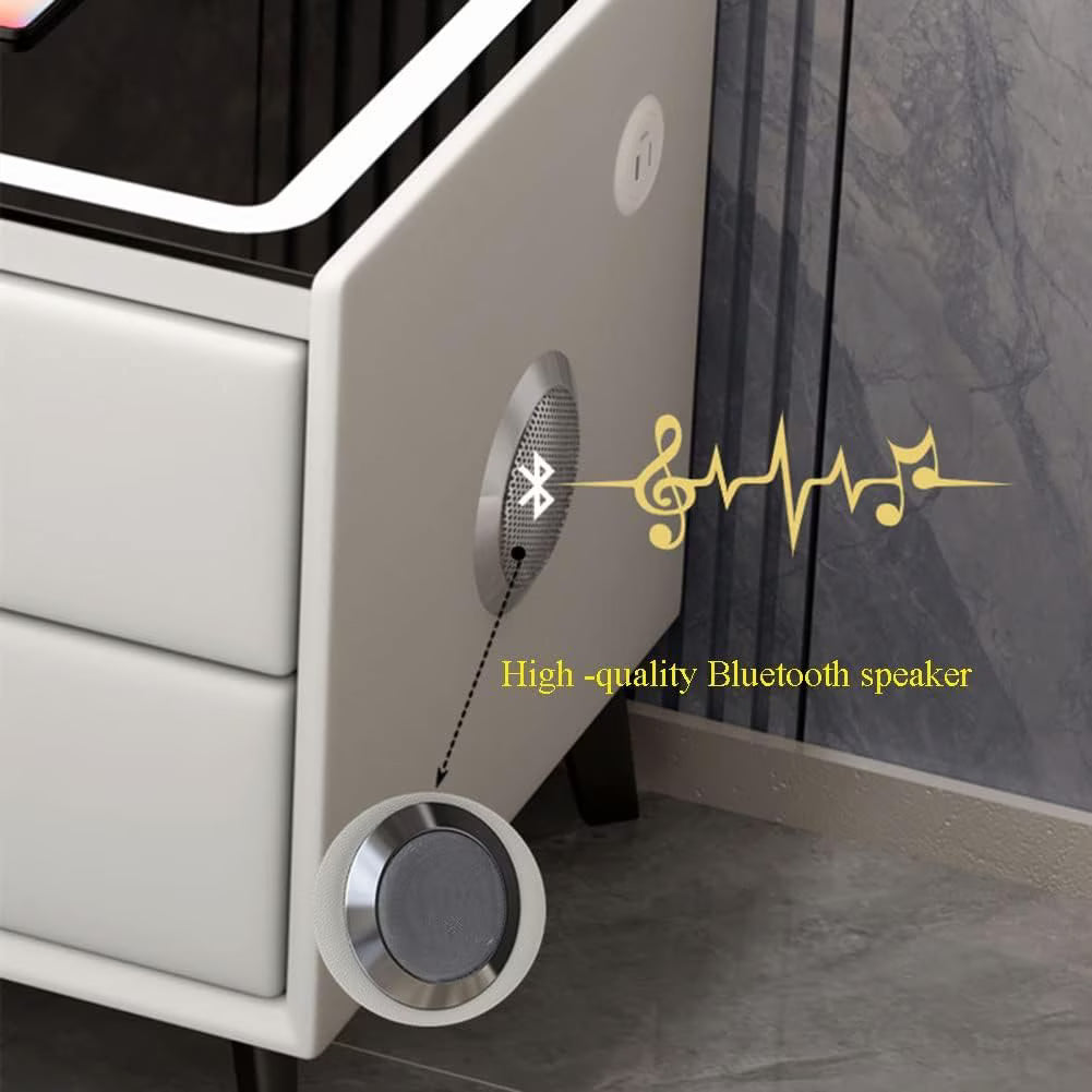 Noptieră Inteligentă Multifuncțională, 2 Sertare, LED Tactil 3 Culori, Încărcare Wireless, USB, Difuzor Bluetooth, Sticlă Securizată, 50 x 40 x 45 cm, Gri Deschis