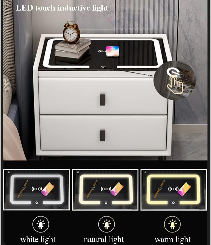 Noptieră Inteligentă Multifuncțională, 2 Sertare, LED Tactil 3 Culori, Încărcare Wireless, USB, Difuzor Bluetooth, Sticlă Securizată, 50 x 40 x 45 cm, Gri Deschis
