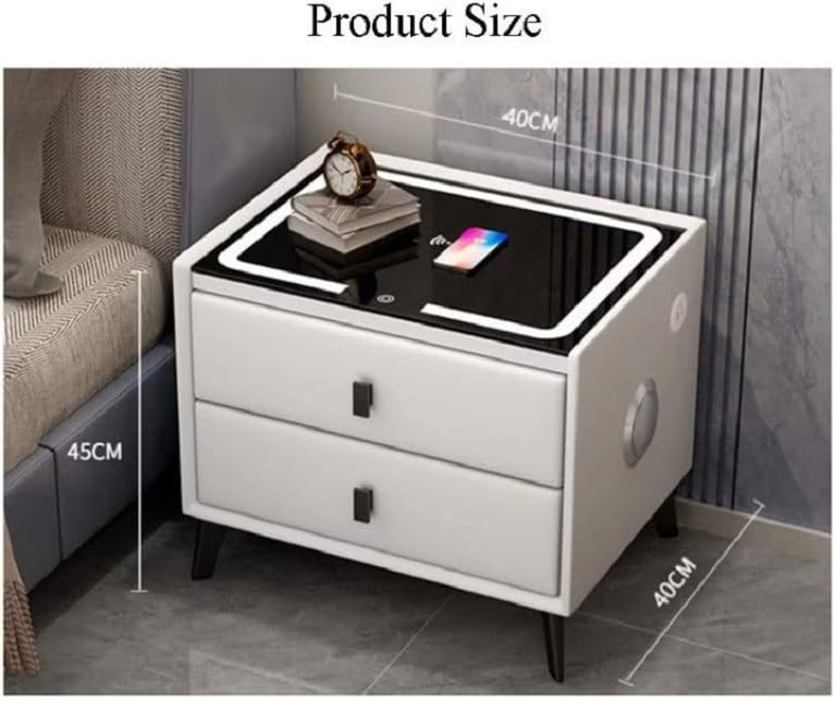 Noptieră Inteligentă Multifuncțională, 2 Sertare, LED Tactil 3 Culori, Încărcare Wireless, USB, Difuzor Bluetooth, Sticlă Securizată, 50 x 40 x 45 cm, Gri Deschis