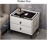 Noptieră Inteligentă Multifuncțională, 2 Sertare, LED Tactil 3 Culori, Încărcare Wireless, USB, Difuzor Bluetooth, Sticlă Securizată, 50 x 40 x 45 cm, Gri Deschis