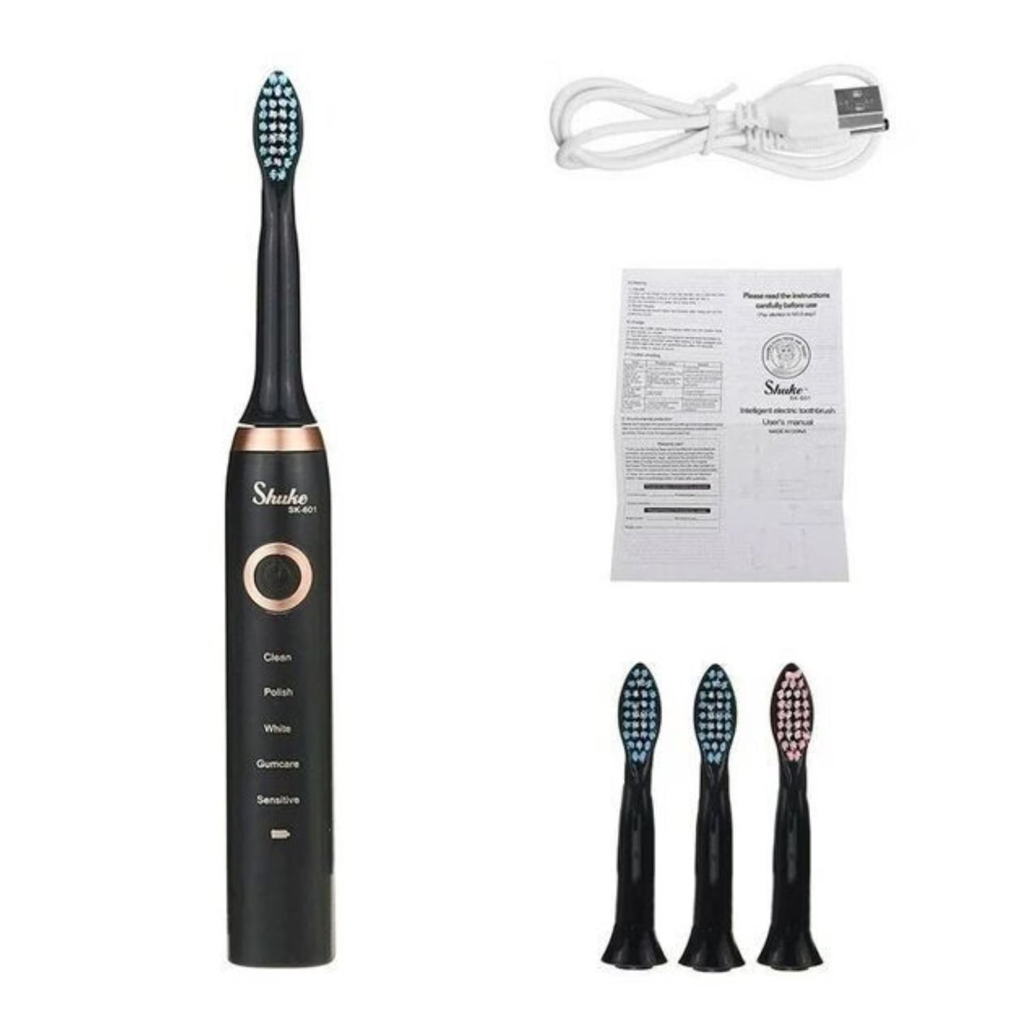 Periuță de Dinți Electrică Reîncărcabilă Shuke, 4 Capete de Periere, Negru