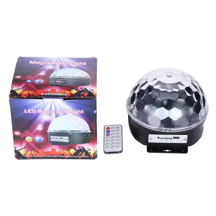 Proiector Disco LED Magic Ball cu Telecomandă, Boxă, USB și Card, 20W, Negru
