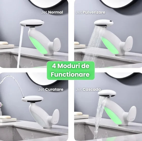 Robinet de Chiuvetă pentru Baie cu Lumină LED, Cap Extensibil 60 cm, 4 Moduri de Jet, Alb/Crom