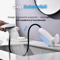 Robinet de Chiuvetă pentru Baie cu Lumină LED, Cap Extensibil 60 cm, 4 Moduri de Jet, Alb/Crom