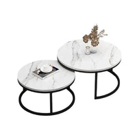 Set 2 Măsuțe de Cafea 2 în 1, Rotunde, Efect Marmură, Cadru Metalic, Alb/Negru