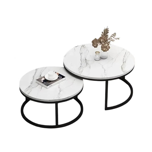 Set 2 Măsuțe de Cafea 2 în 1, Rotunde, Efect Marmură, Cadru Metalic, Alb/Negru