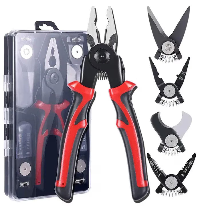 Set Clește Multifuncțional 5 în 1 din Oțel, cu Capete Interschimbabile, Maner Ergonomic, Roșu/Negru