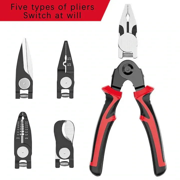 Set Clește Multifuncțional 5 în 1 din Oțel, cu Capete Interschimbabile, Maner Ergonomic, Roșu/Negru