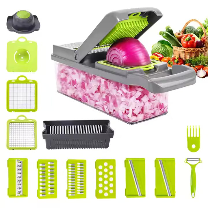 Set Tocător Legume 16 în 1 cu Recipient și Lame Interschimbabile, Verde/Gri