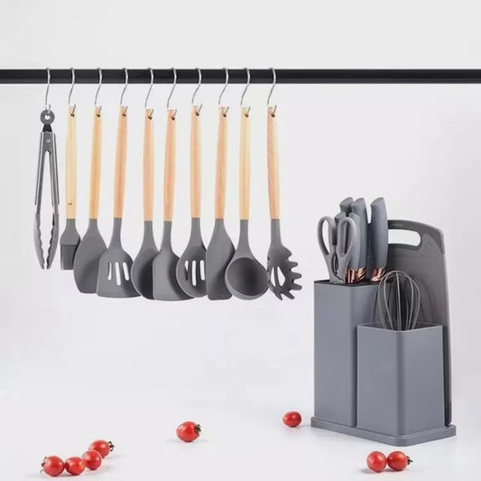 Set Ustensile de Bucătărie din Silicon cu Suport, Cutite și Accesorii, Gri