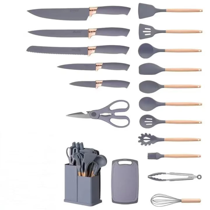 Set Ustensile de Bucătărie din Silicon cu Suport, Cutite și Accesorii, Gri