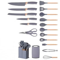Set Ustensile de Bucătărie din Silicon cu Suport, Cutite și Accesorii, Gri
