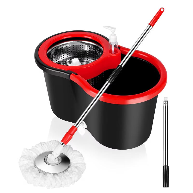 Set Mop Rotativ cu Găleată și Sistem de Stoarcere 360°, Mâner Reglabil din Oțel Inoxidabil, 8 L, Roșu/Negru