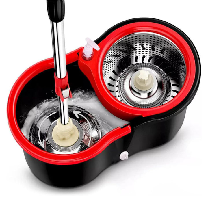 Set Mop Rotativ cu Găleată și Sistem de Stoarcere 360°, Mâner Reglabil din Oțel Inoxidabil, 8 L, Roșu/Negru