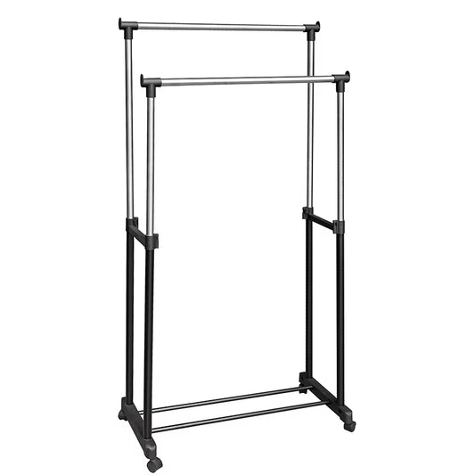 Suport Dublu pentru Haine cu Roți, Reglabil 94-160 cm, Metal, Negru