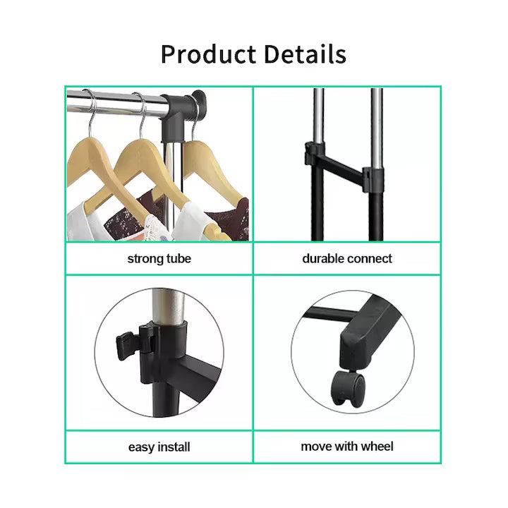 Suport Dublu pentru Haine cu Roți, Reglabil 94-160 cm, Metal, Negru