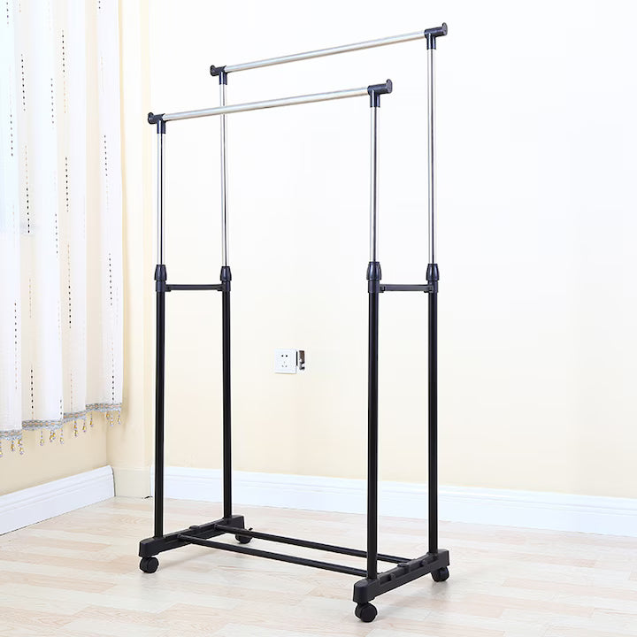 Suport Dublu pentru Haine cu Roți, Reglabil 94-160 cm, Metal, Negru