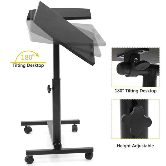 Măsuță Laptop Reglabilă cu Roți, Stand Portabil pentru Pat și Canapea, Înălțime Ajustabilă, Negru