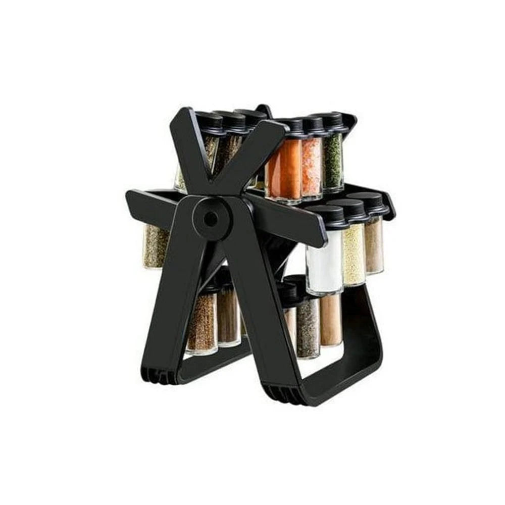 Suport Condimente Rotativ tip Roată, 18 Borcane incluse, Design "Ferris Wheel" 360°, Negru mat