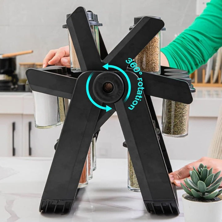 Suport Condimente Rotativ tip Roată, 18 Borcane incluse, Design "Ferris Wheel" 360°, Negru mat